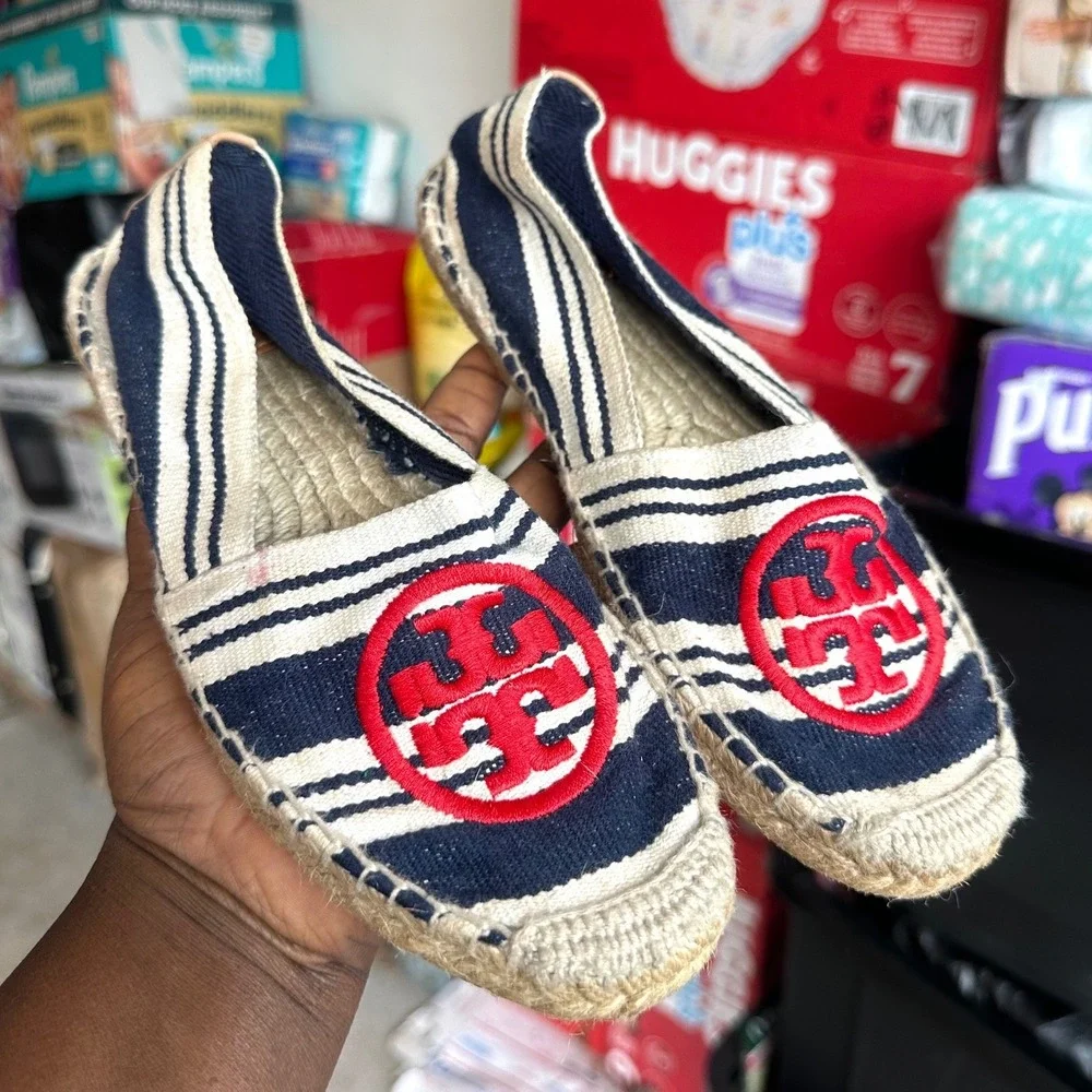 Tory Burch Women's Navy White Red Striped Canvas Espadrille Flats Size 7 Shoes